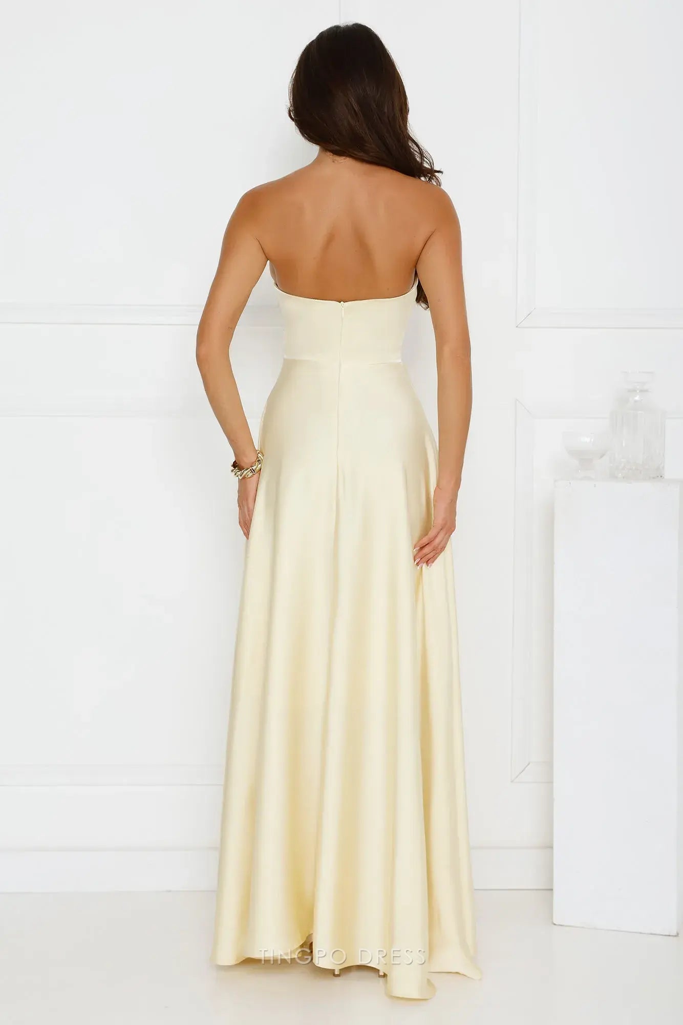 Vintage A-Line Off the Shoulder Sleeveless Back Zip Floor-Length Side Slit prom dress